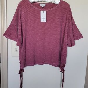 NWT Lucky Brand Stripe Lace Up Ruffle Tee Sz L